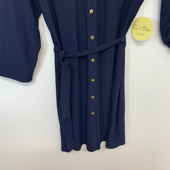 Emma‎ Michele Button Front Navy Blue Dress 2X Midi Waist Tie Stretch Office Work - Picture 3 of 10